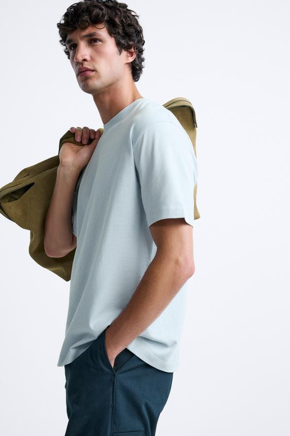 ZARA БАЗОВАЯ ФУТБОЛКА MEDIUM WEIGHT, ГОЛУБОЙ