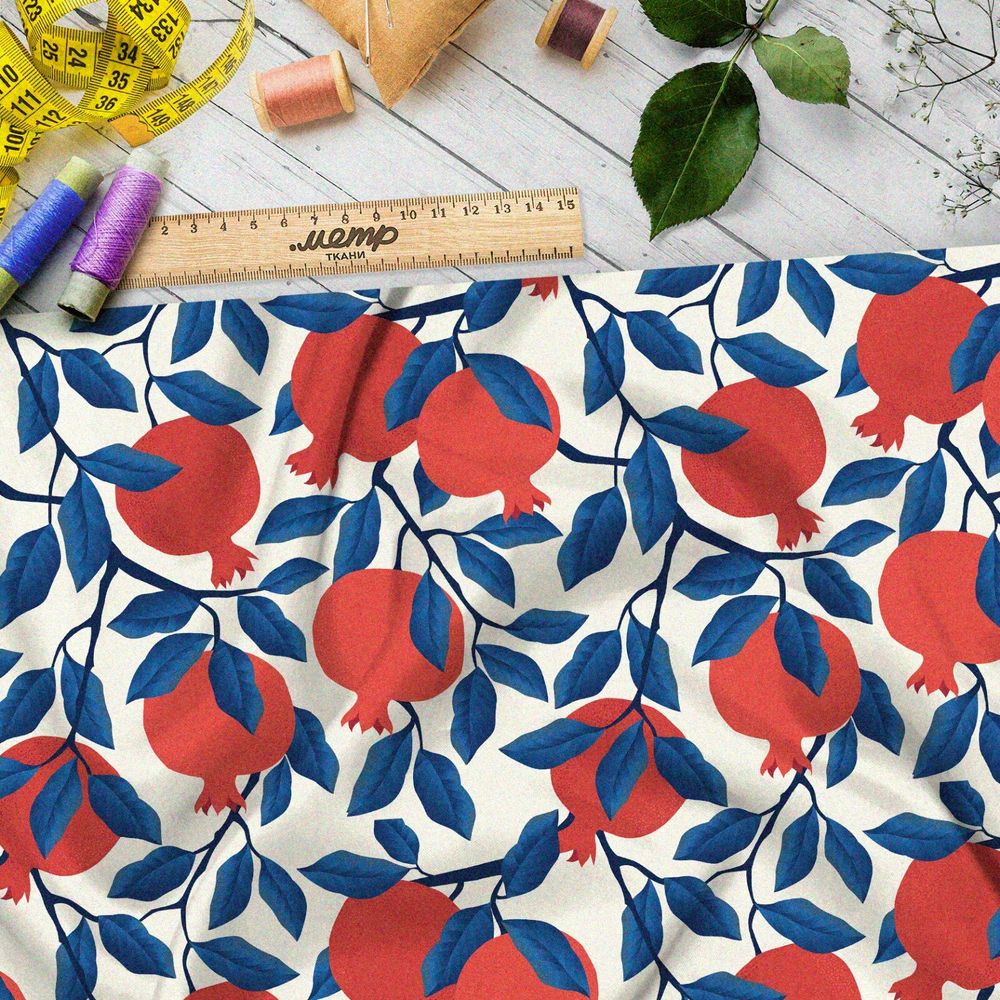 Ткань кулирная гладь японские гранаты с синей листвой