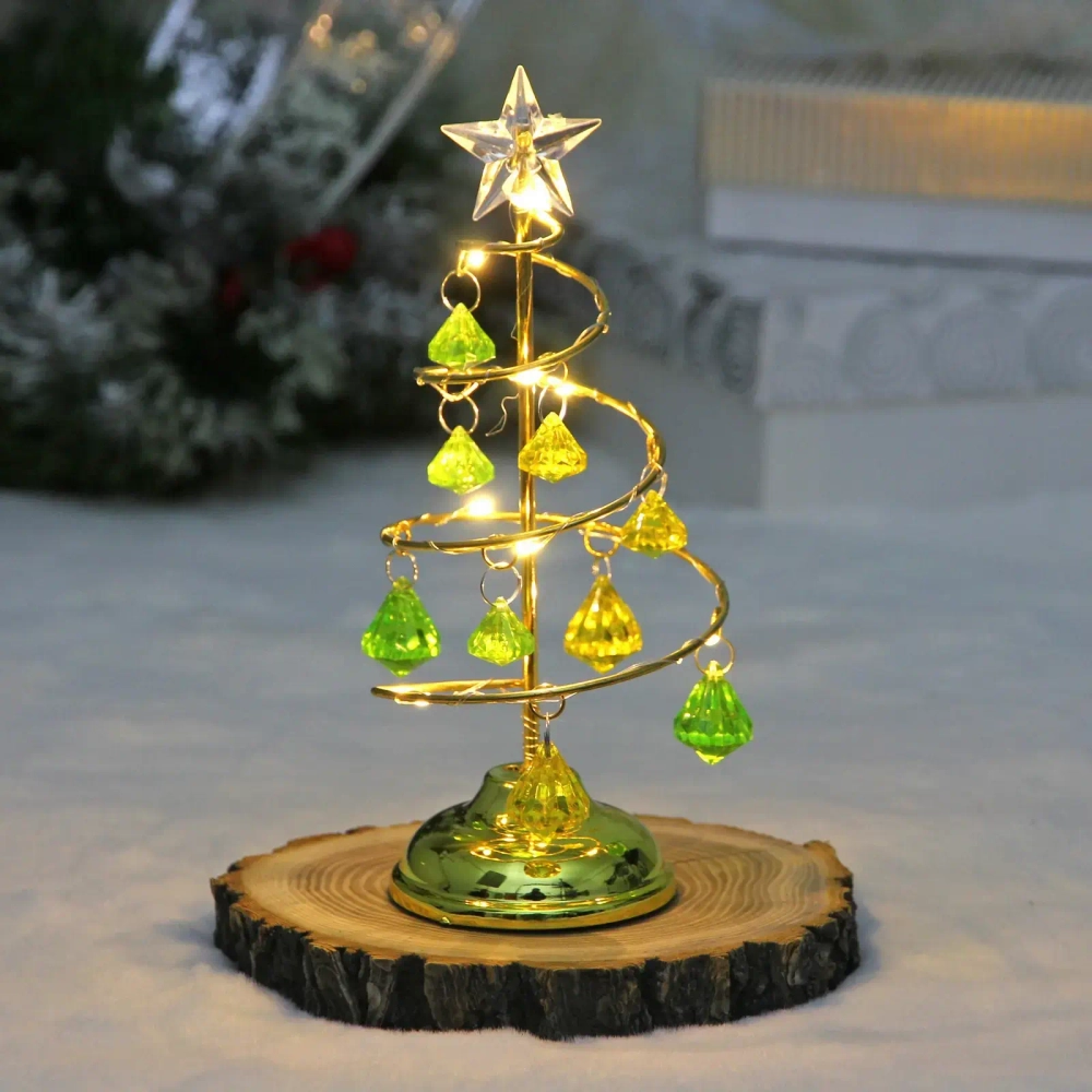Сувенир с подсветкой «Елочка Хрустальная» 18 см, диаметр 8 см, основ.-золото, свечение-тепл.белый, хрусталик Зел./Желтый (работает от батареек 3 LR44)