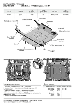 Защита КПП Rival для Suzuki Jimny IV (V - 1.5) 2019-н.в., сталь 3 мм, с крепежом, штампованная, 2111.5525.1.3