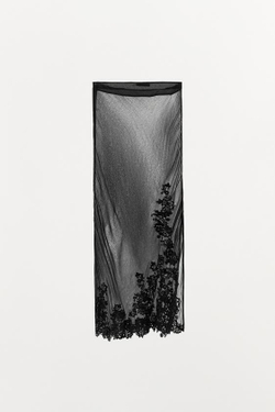 ZARA ЮБКА ИЗ ЖОРЖЕТА С ЦВЕТОЧНОЙ ВЫШИВКОЙ, ЧЕРНЫЙ