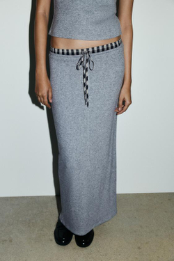 ZARA ЮБКА МИДИ С КОМБИНИРОВАННЫМ ПОЯСОМ, СЕРЫЙ