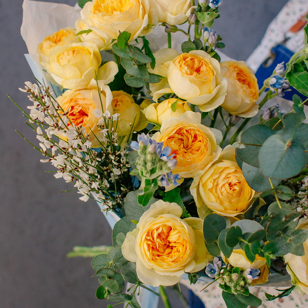 152. Солнечный букет с розами, оксипеталумом и ароматной генистой