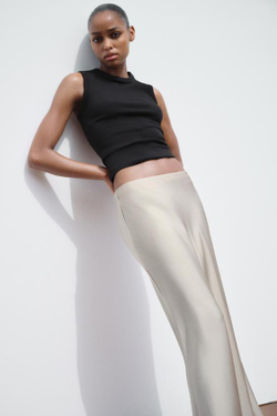 ZARA АТЛАСНАЯ ЮБКА МИДИ, СЕРЫЙ/БЕЖЕВЫЙ