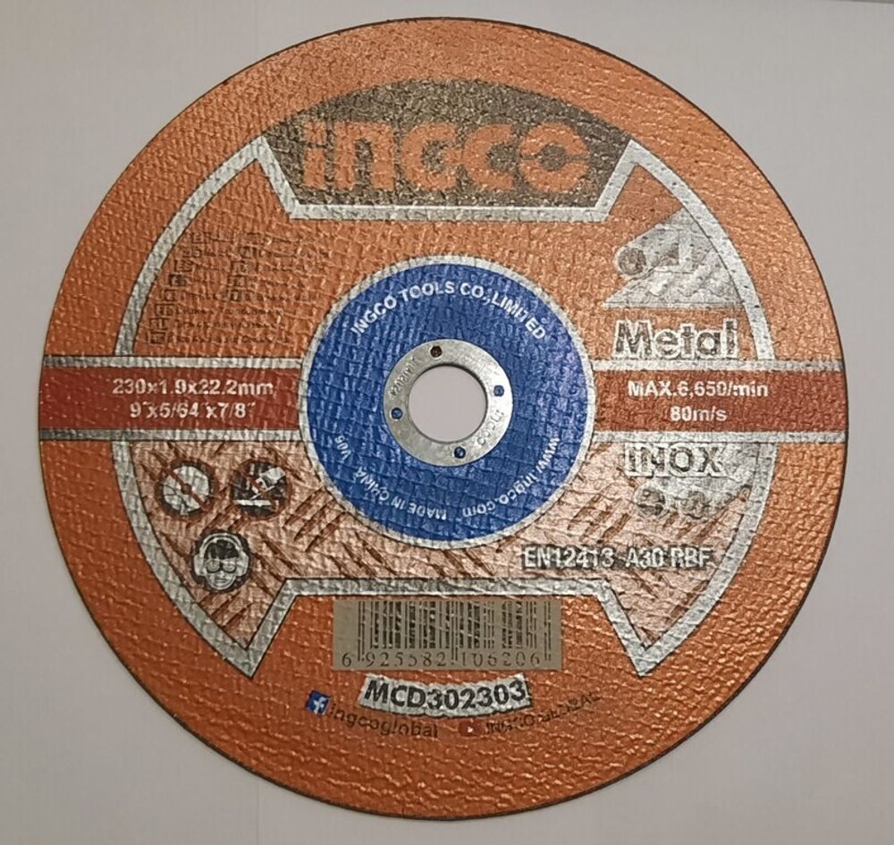 Круг отрезной 41 230х1.9х22 A 30 RBF Metal/Inox INGCO MCD302303