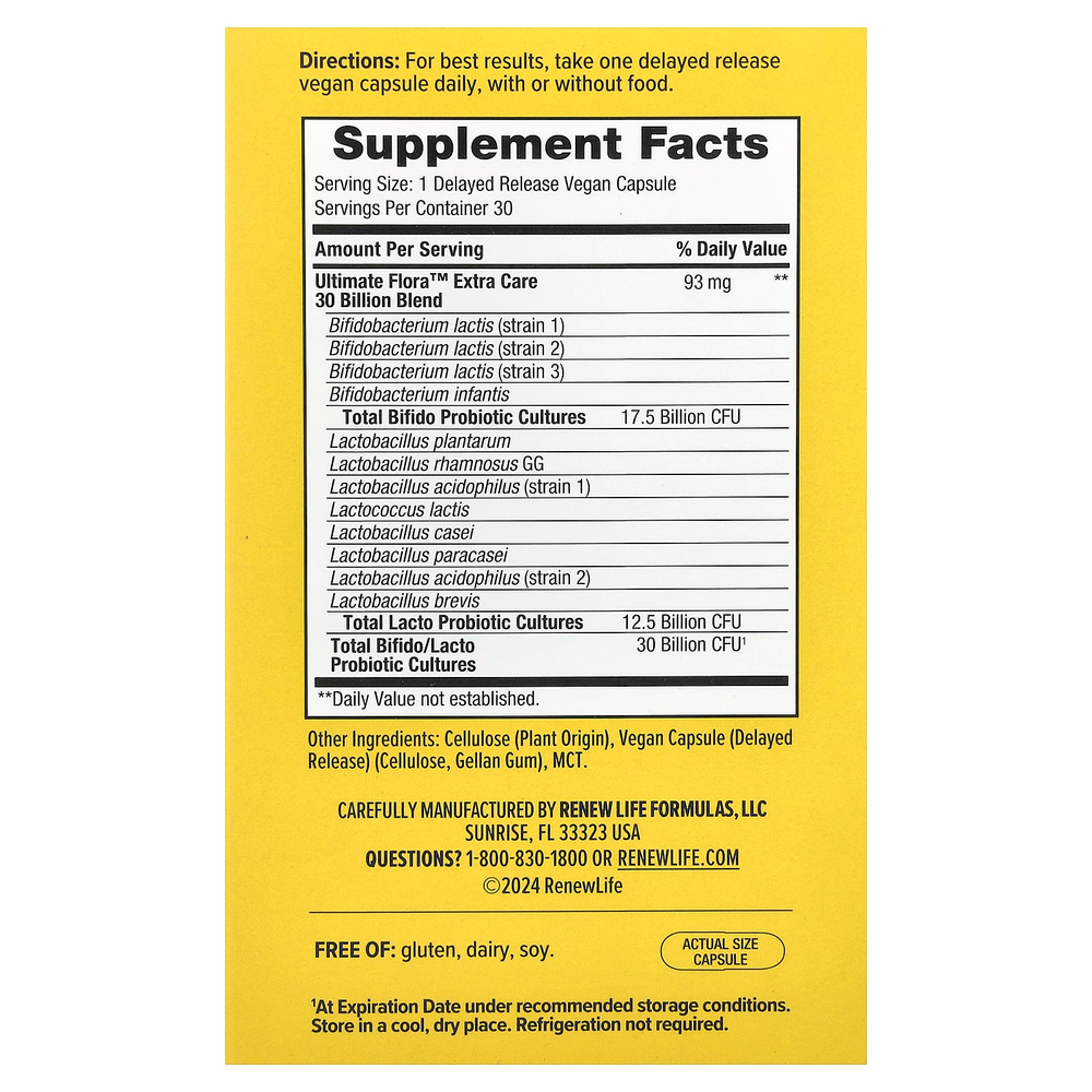 Renew Life, Extra Care, пробиотик Ultimate Flora™, 30 веганских капсул с отсроченным высвобождением