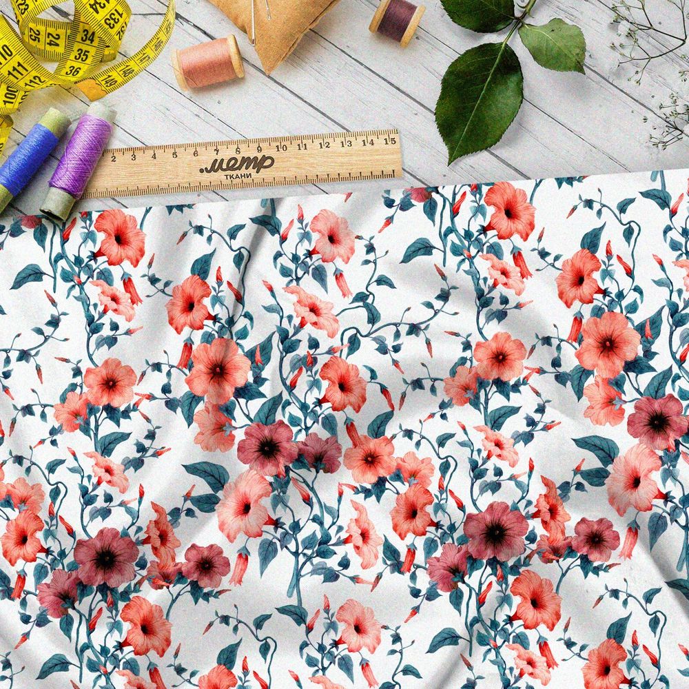 Ткань блэкаут полупрозрачные маки и витьеватая тёмная листва