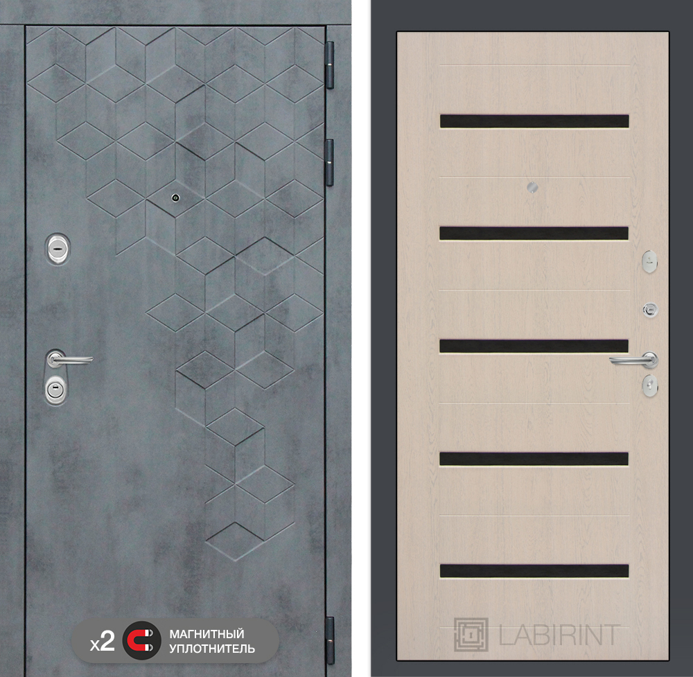 Дверь входная Лабиринт Бетон 01 - Беленый дуб, стекло черное металлическая