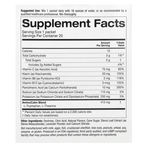 Lake Avenue Nutrition, Calm, успокаивающая порошковая смесь для приготовления напитков с калием и смесью AminoCalm, L-триптофаном и L-теанином, голубика и лаванда, 20 пакетиков по 5,5 г (0,19 унции)