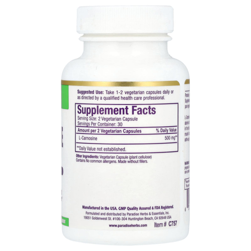 Paradise Herbs, L-карнозин, 60 вегетарианских капсул (250 мг на капсулу)