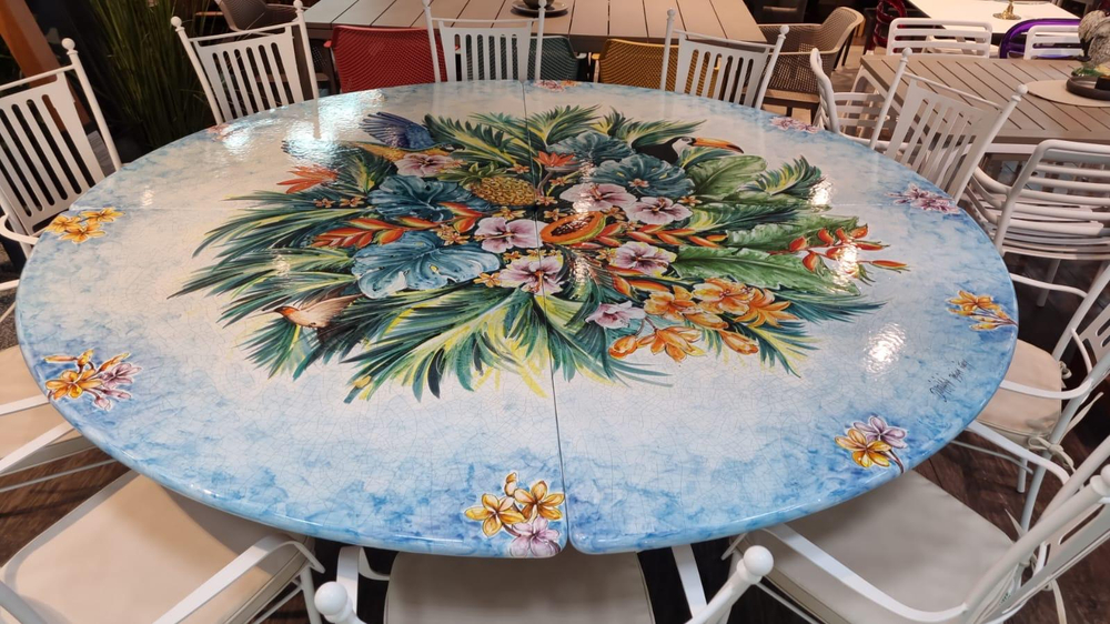 Столовая группа Domiziani Tropical на 10 персон, стол из лавового камня диам. 230 см, кресла нерж. сталь - 10 шт., Италия