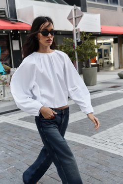 ZARA РУБАШКА ИЗ ПОПЛИНА С РУКАВАМИ-БУФАМИ, БЕЛЫЙ