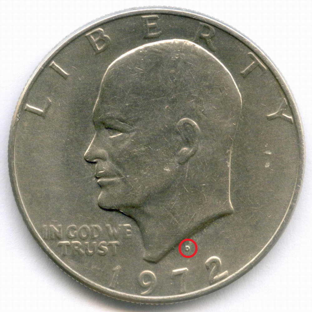 1 доллар 1972 год (D). США. Эйзенхауэр. Медь с медно-никелевым покрытием, диаметр 38.1 мм. XF-AU