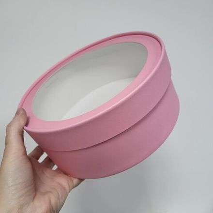 Коробка ТУБУС плотный с окном d=21 см h=8 см (Нежно-розовая)