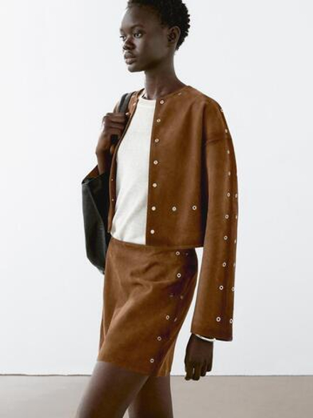 Massimo Dutti Замшевая куртка с люверсами, светло-коричневый