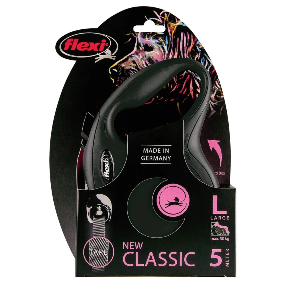 Flexi New Classic L 5м до 50кг поводок-рулетка РЕМЕНЬ, ЧЁРНЫЙ 1/12