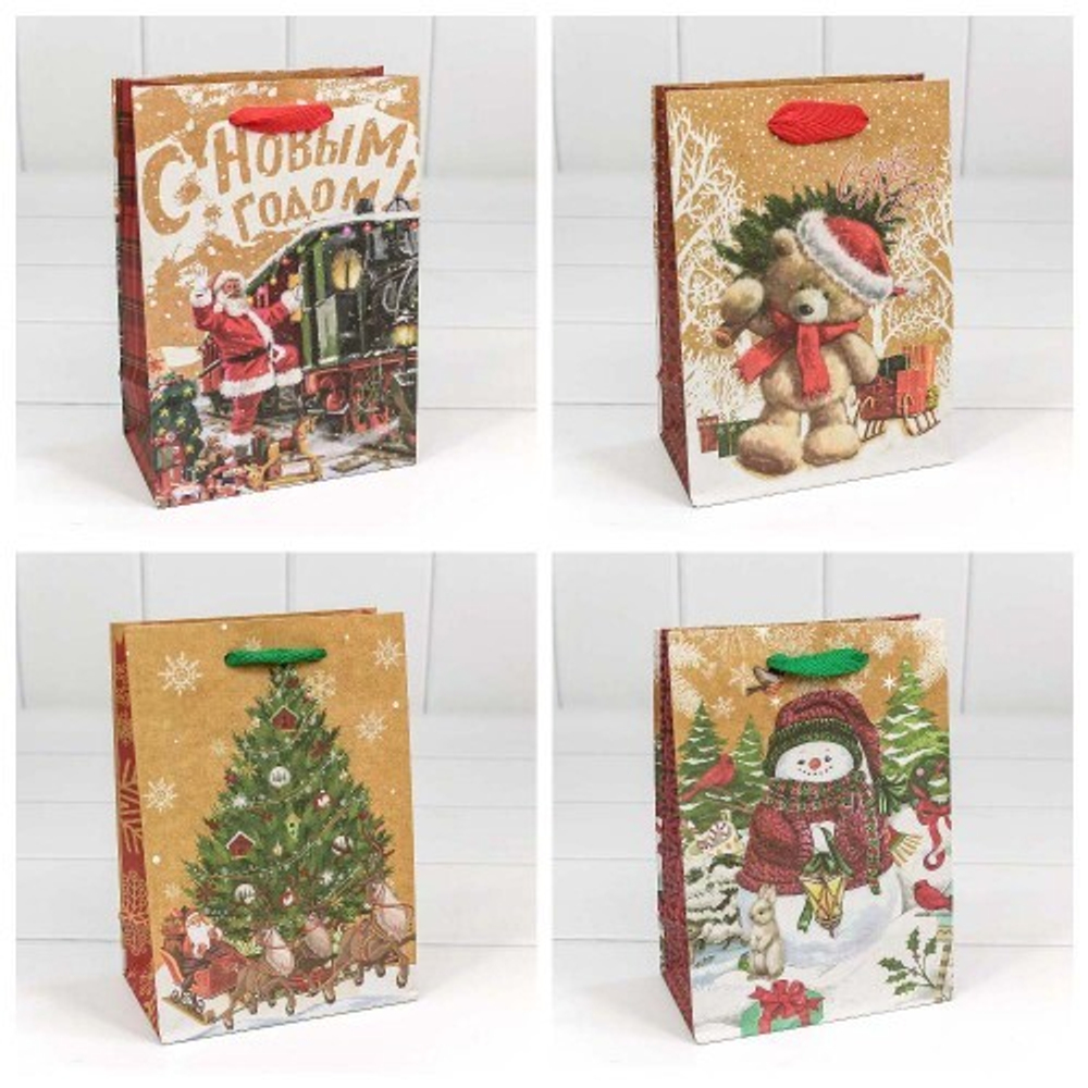 Пакет подарочный 14 х 20 х 8 см Набор 4 шт "Новогодний" (Крафт)