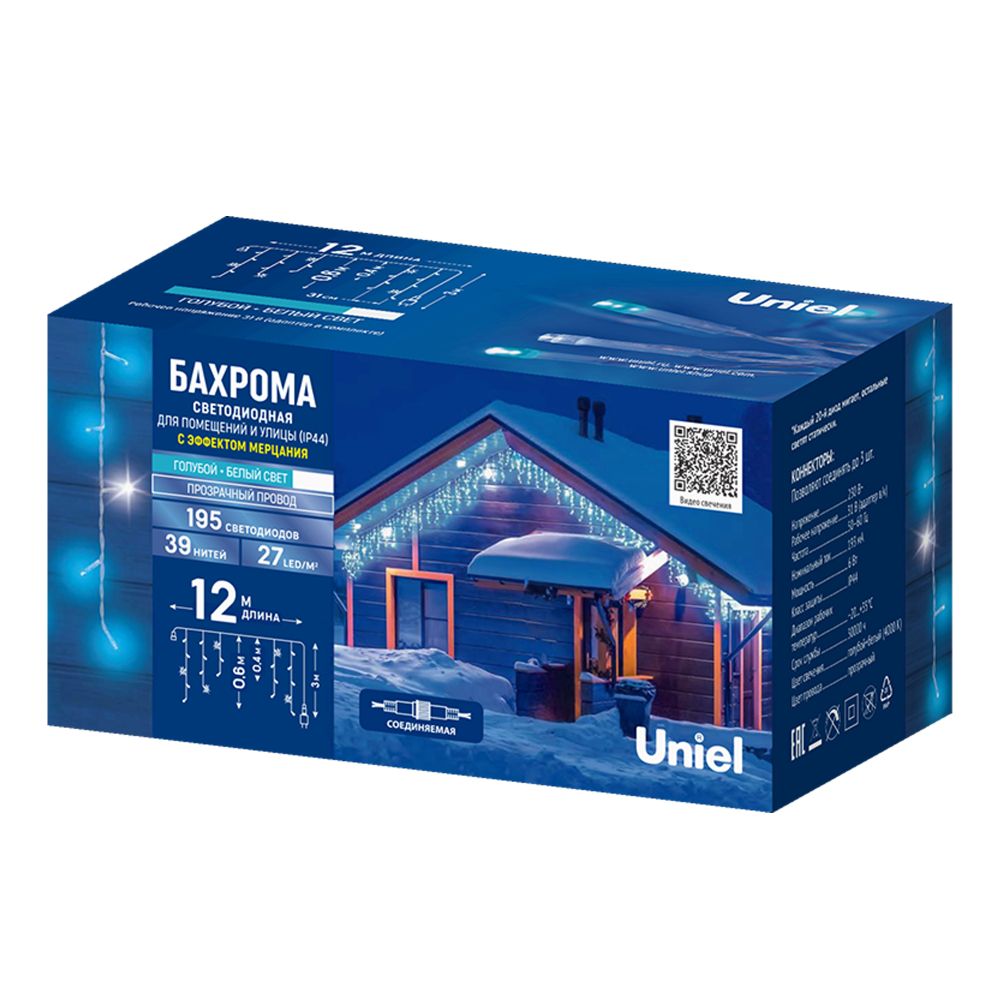 ULD-B12006-195-TTK ICEBLUE-WHITE IP44 Бахрома светодиодная с эффектом мерцания. 12м. Соединяемая. 195 светодиодов. Голубой и белый свет. Провод прозрачный. ТМ Uniel