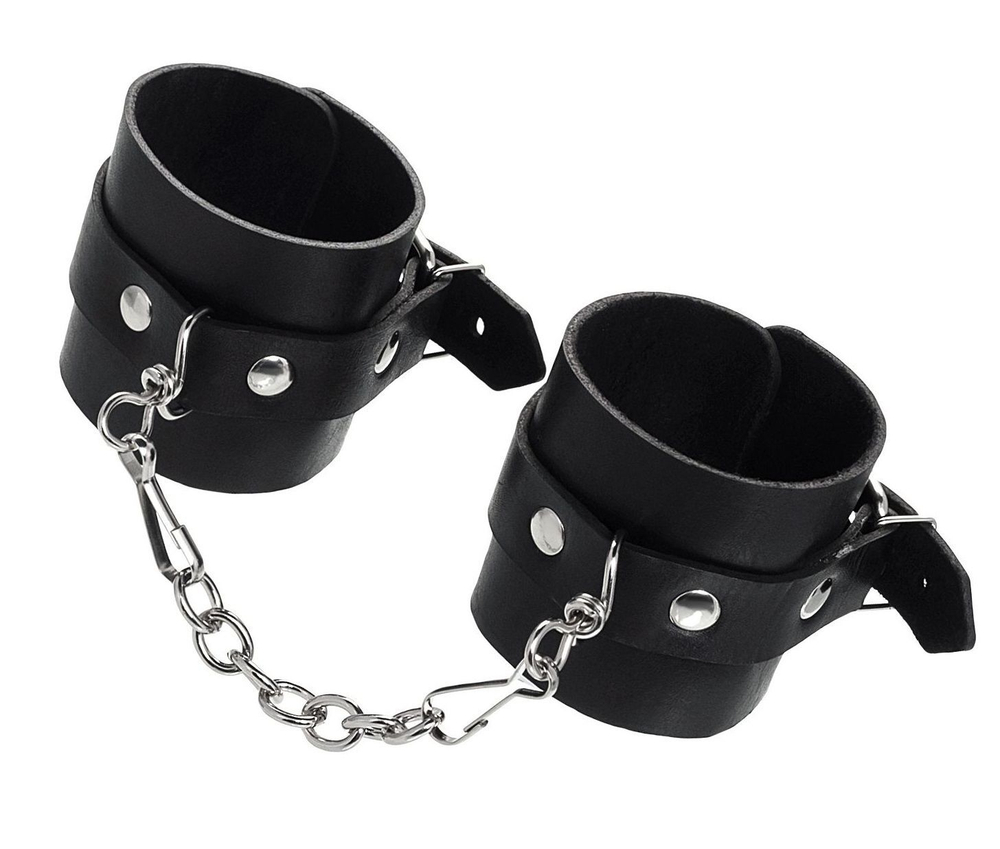 Черные однослойные наручники из натуральной кожи с цепочкой (Цвет: черный)