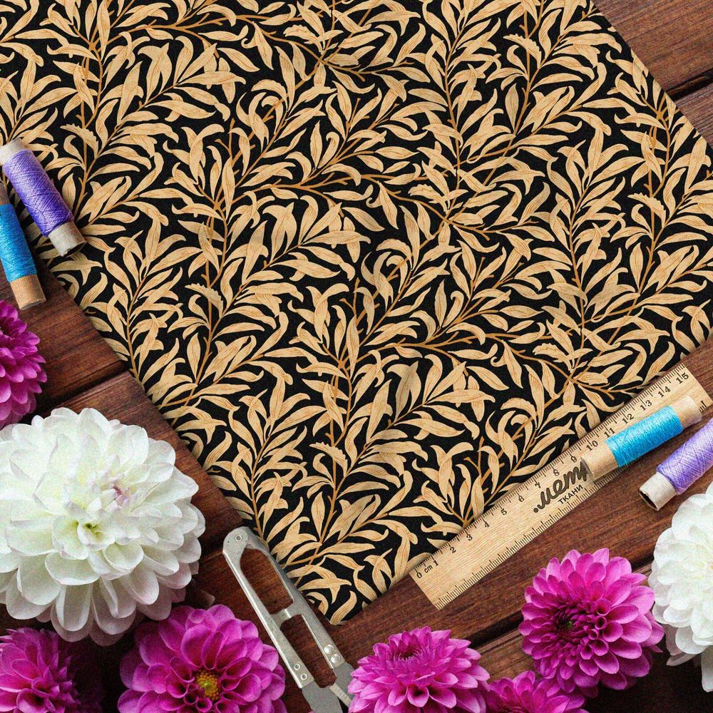 Ткань кулирная гладь бронзовый папоротник на чёрном фоне