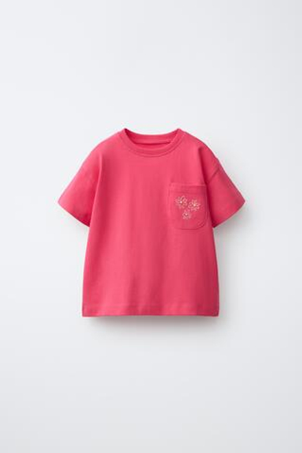 ZARA ФУТБОЛКА С ВЫШИВКОЙ И КАРМАНОМ, КРАСНЫЙ