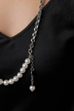 Колье 2 ряда: белый жемчуг Майорка и цепь ролло, оттенок серебро