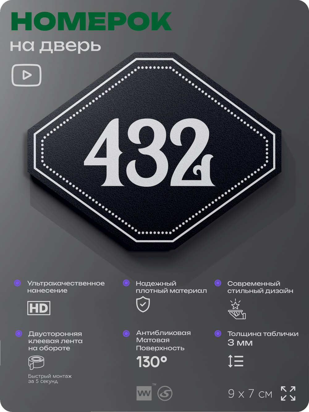 Номерок на дверь квартиры 432, для кабинета, офиса, шильдик 9 х 7 см, черный, Айдентика Технолоджи