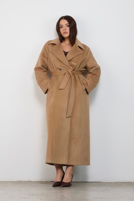 Пальто двубортное с отстрочкой, кэмел