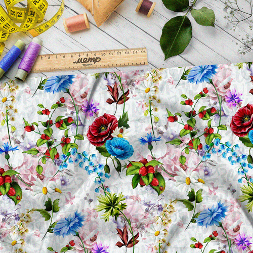 Ткань шелк Армани сочные контрастные цветы на бежевом фоне