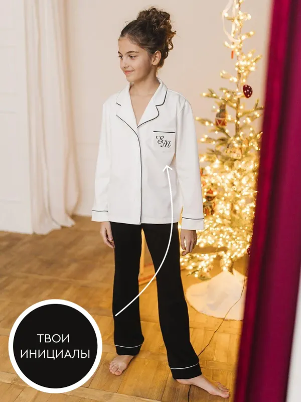 Детская пижама для девочки с брюками и вышивкой инициалов — оптом от фабрики Божья Коровка