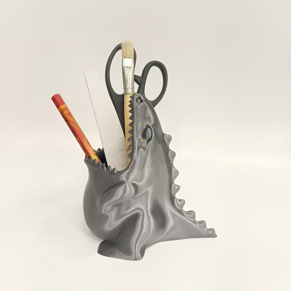 Подставка для карандашей голодный Динозаврик, серебристый, 3D печать