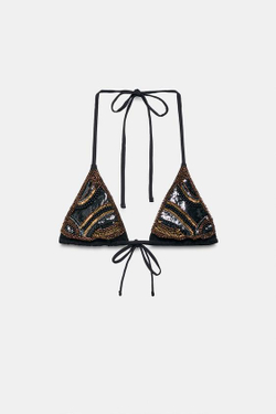 ZARA ТОП-БИКИНИ С ТРЕУГОЛЬНЫМИ ЧАШКАМИ И БУСИНАМИ, ЧЕРНЫЙ