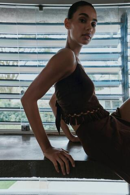 ZARA КРОП-ТОП С БАХРОМОЙ, КОРИЧНЕВЫЙ