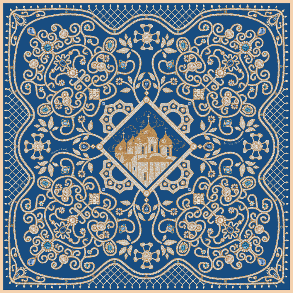 Платок «Жемчужное шитье» 100% шелк, сапфир