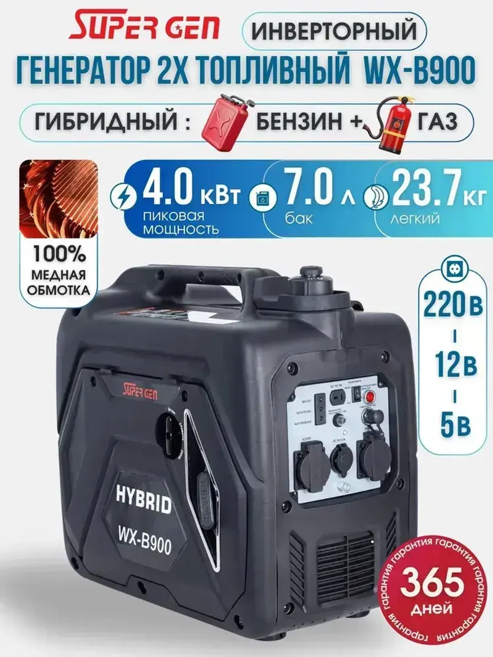 Инверторный электрогенератор бензиновый SUPER GEN WX-B900, 4кВт