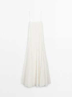 Massimo Dutti Платье миди из струящейся ткани на бретелях, натуральный, кремовый