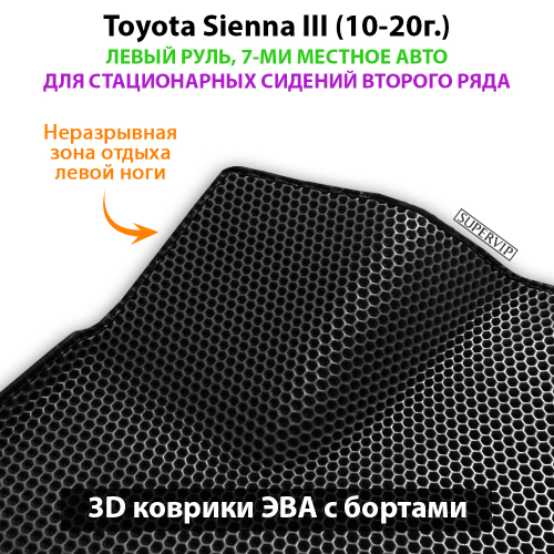 Автомобильные коврики ЭВА с бортами для Toyota Sienna III (10-20г.) для стационарных сидений второго ряда на 7-ми местное авто для 3-х рядов, левый руль