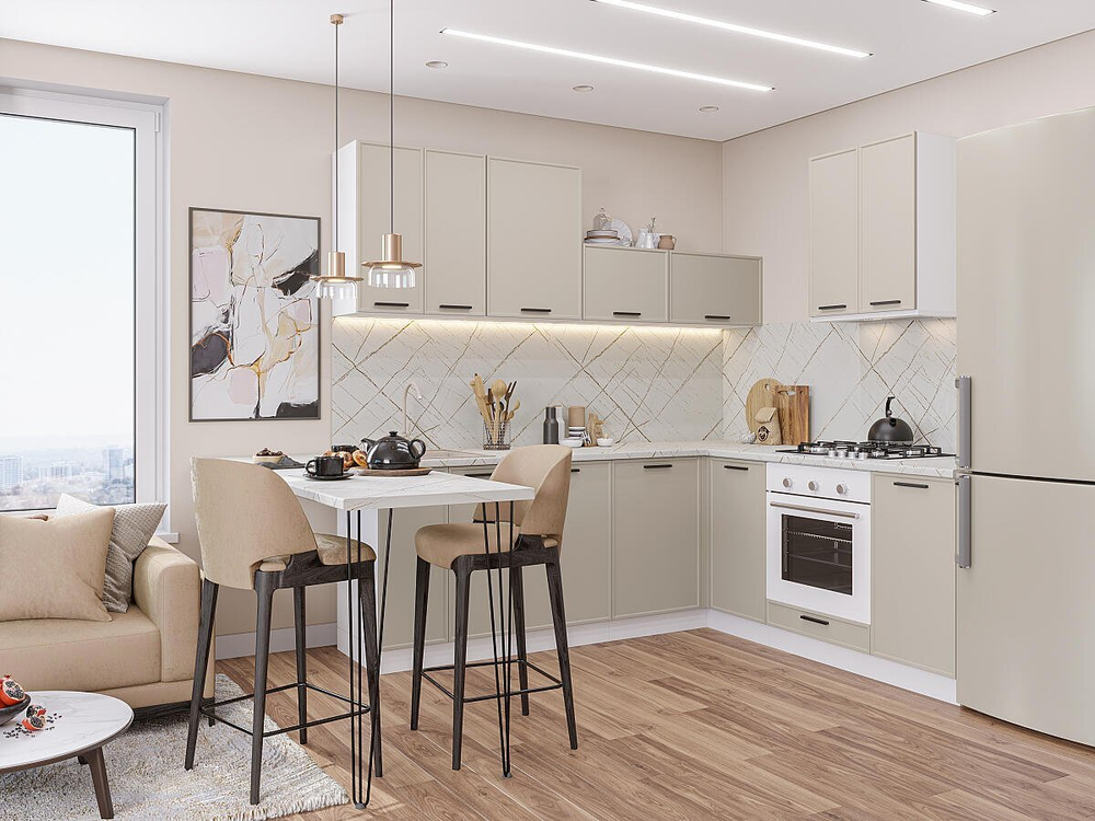 Угловая модульная кухня Фрейм-03 Cream Silk - Белый 2140*2200/2000*600