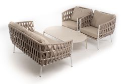 "Диего" лаунж-зона 4-местная плетеная из роупа (веревки), каркас алюминиевый белый, роуп бежевый