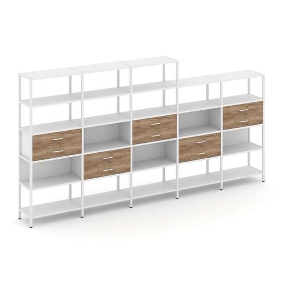 Shelf System Пятисекционный стеллаж пятиярусный с ящиками SN.STM-551 Белый/Дуб Табак/Металл Белый 39