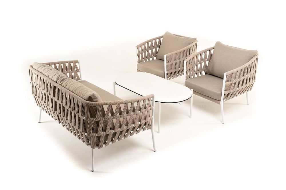 "Диего" лаунж-зона 4-местная плетеная из роупа (веревки), каркас алюминиевый белый, роуп бежевый