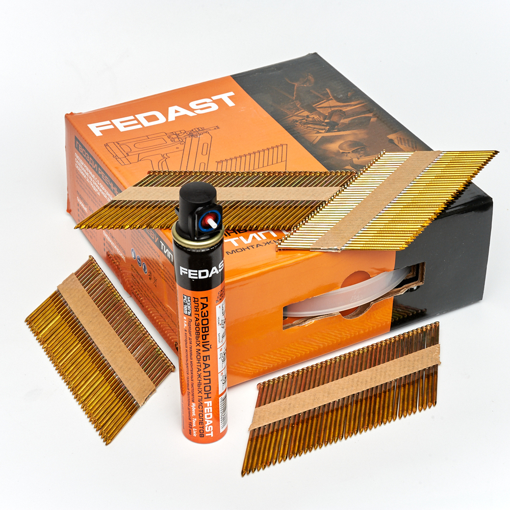 Реечные гвозди по дереву тип D34 (3,05х90, RIEG гальв. кольц. накат., 2000 шт/уп+2 баллона) FEDAST