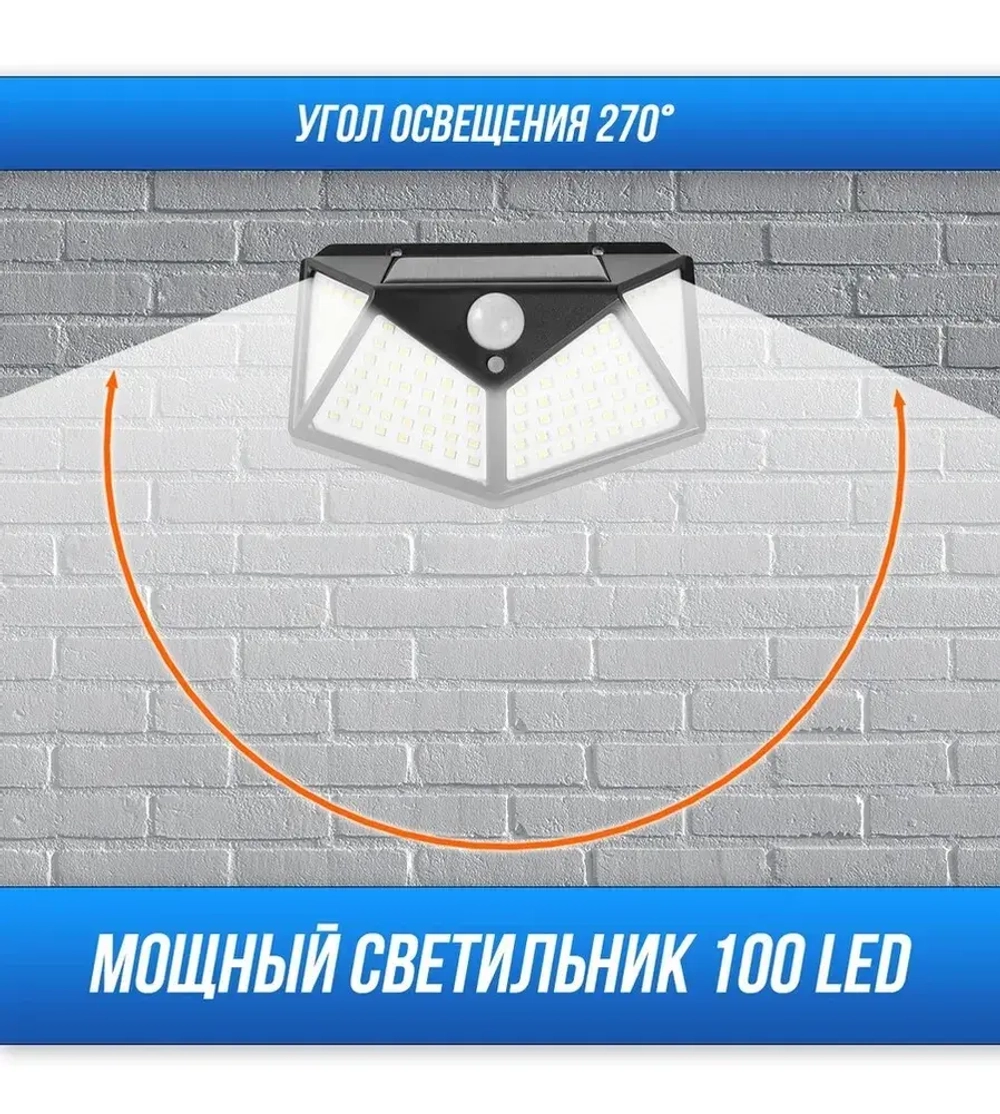 100 SMD LED Уличный светодиодный фонарь на солнечной батареи, с датчиком движения на стену дома