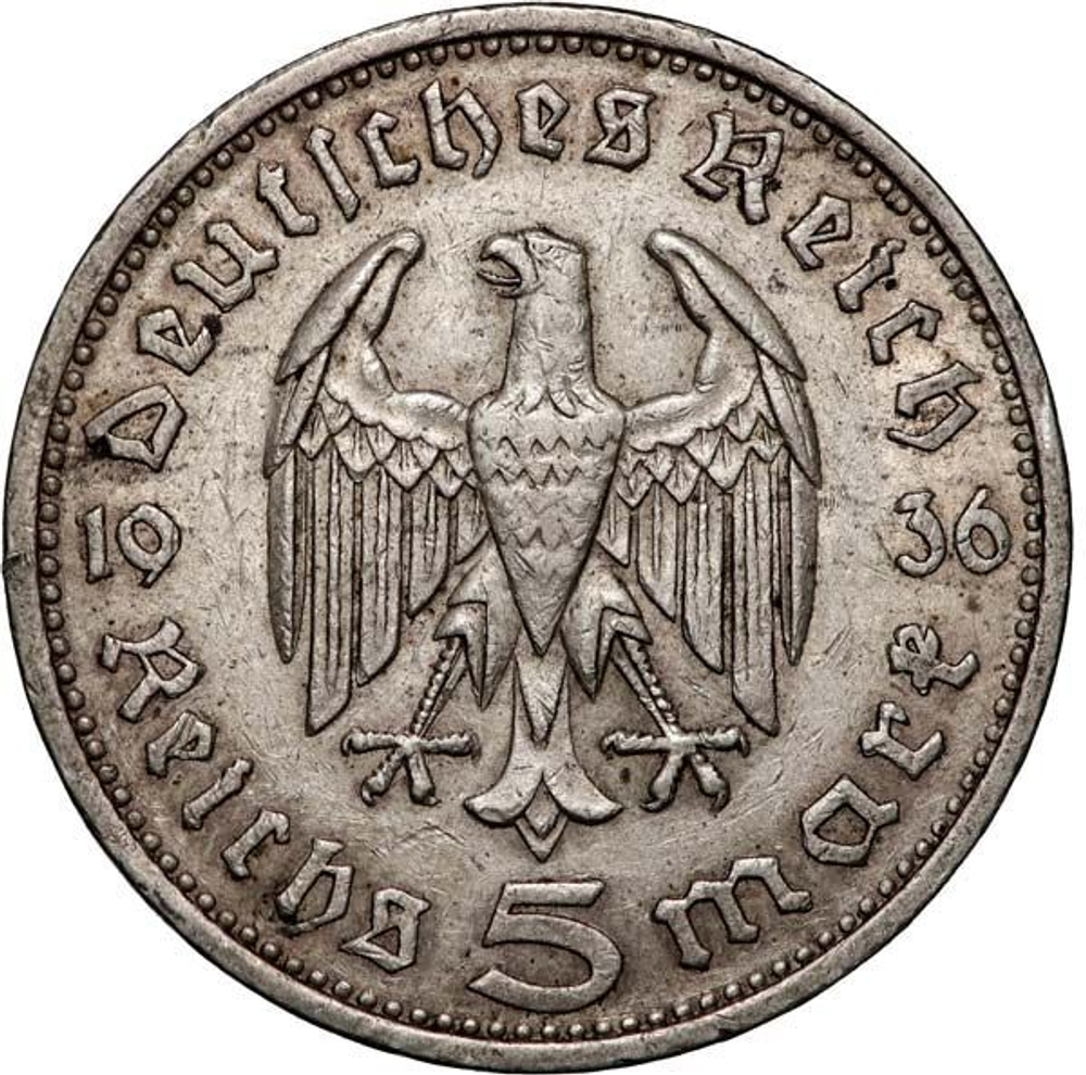 Germany, 5 Reichsmark 1936 – Paul von Hindenburg (Muldenhütten Mint - "E"), XF