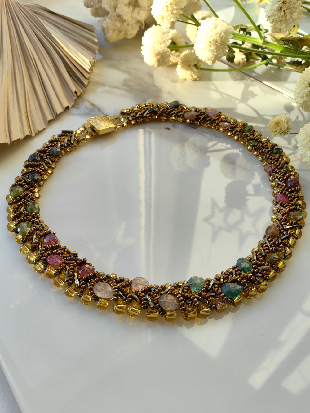 Колье из бисера "Змейка" ручной работы с камнем Турмалин