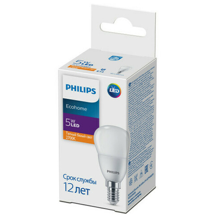 Лампочка светодиодная Philips Ecohome LED P45 5Вт 2700К Е14/E14 шар матовый, теплый белый свет