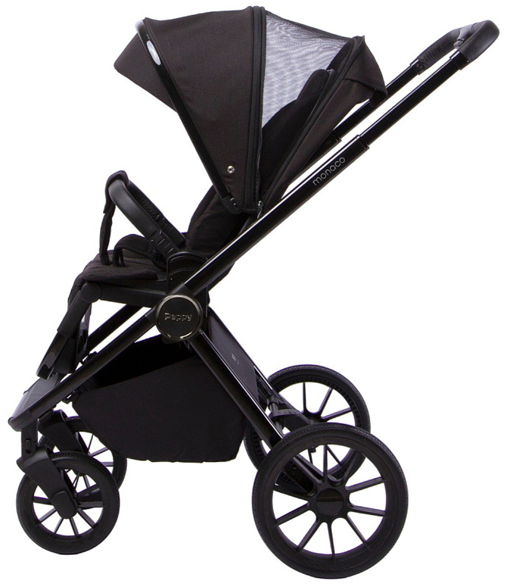 Детская коляска Peppy Monaco 3 в 1 с автокреслом Rise Brilliant black (черный), рама черный глянец