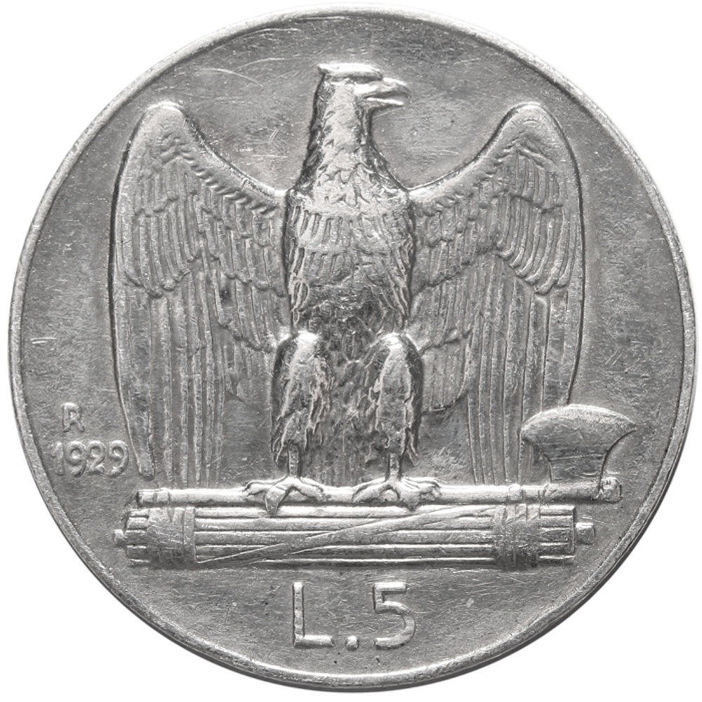 5 лир. Король Виктор Эммануил III. Италия. Серебро. 1929 г. VF-XF