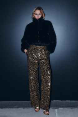 ZARA БРЮКИ ПРЯМОГО КРОЯ С ПАЙЕТКАМИ И АНИМАЛИСТИЧЕСКИМ ПРИНТОМ, ЧЕРНЫЙ/ЗОЛОТОЙ