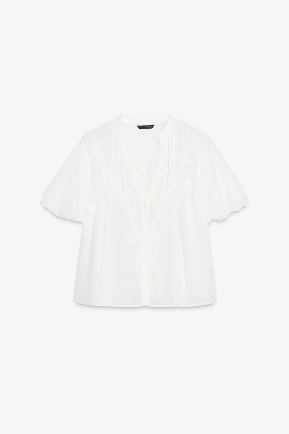 ZARA БЛУЗА С РУКАВАМИ СО СБОРКОЙ ПО НИЗУ, БЕЛЫЙ